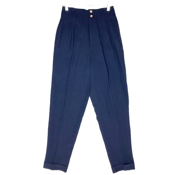 pants 2/XS navy pleated vintage GUESS wool/viscose high waisted pockets loops - Picture 1 of 10